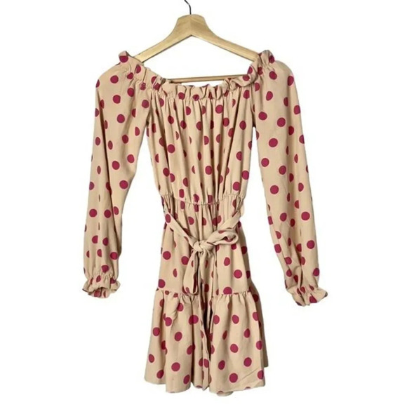 PrettyLittleThing Beige & Pink Polka Dot Bardot Tie Waist Shift Mini Dress 2 - Picture 5 of 6
